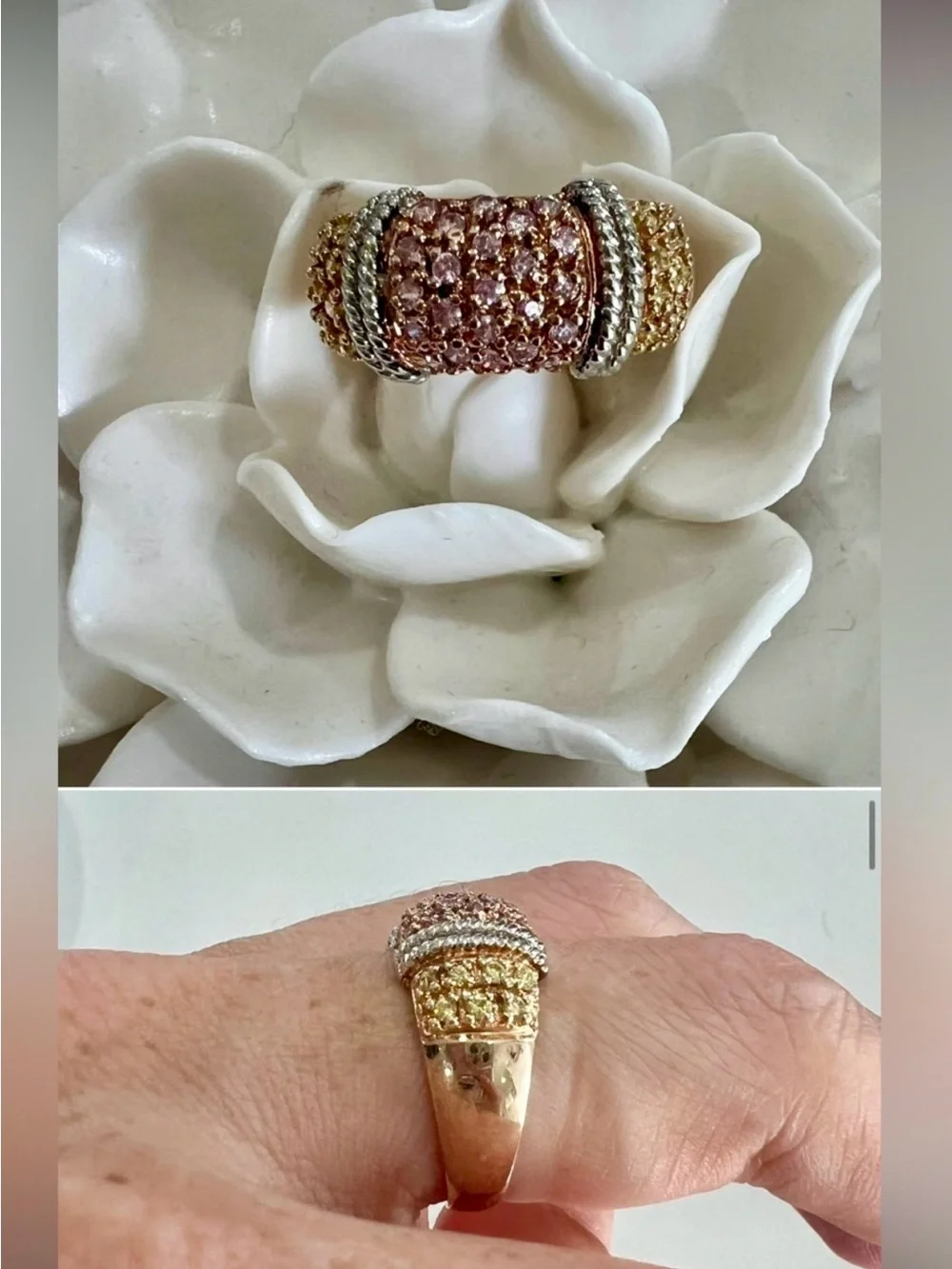 Ross Simons 925 Vermeil CZ Rose Pink Champagne Pavé Ring/Hoop Earrings Set sz 7
